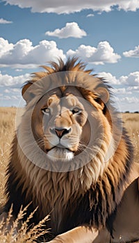 male lion in golden grass under blue sky in african savanna photo