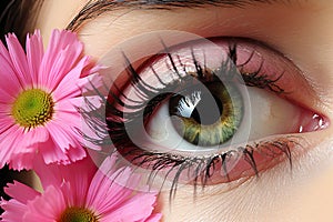 Close-up of woman green eye. Pink flower on background