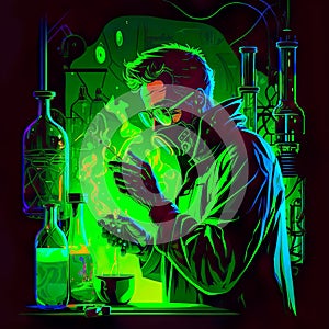 cool male scientist experimenting green chemicals gas in the laboratory with cyberpunk futuristic neon vibes in the lab