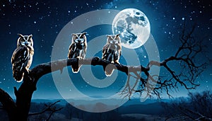Dark dream owls observe from a branch on a full moon night photo