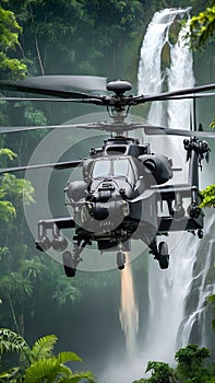 Apache helicopter flying between the green trees in the jungle