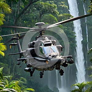 Apache helicopter flying between the green trees in the jungle