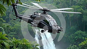 apache helicopter flying between the green trees in the jungle