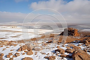 Israel time winter desert Negev snow covered Ramon Machtesh crater next Ramon Mitzpe