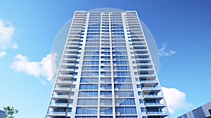 A modern high - rise condominium building against a blue sky backdrop