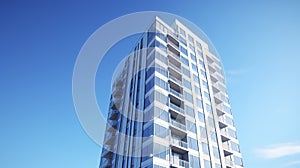 A modern high - rise condominium building against a blue sky backdrop