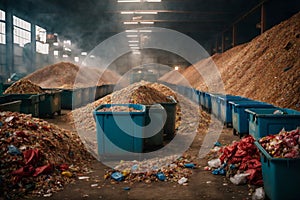 A recycling plant processing materials and sorting them into bins