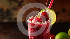 A refreshing cherry and lime slush with a cherry garnish and a straw