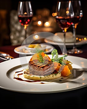 Seared Steak with Mashed Potatoes and Vegetable Garnish