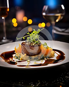 Seared Steak with Mashed Potatoes and Vegetable Garnish