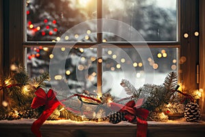 Christmas Window Decor with Lights, Pine Branches, and Red Bow photo