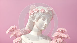 Ancient 3D render Statue, Greek Roman Bust Sculp with white flowers and pink background, generative using a photo