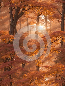 Forest Autumn sunset view, a tree with branches of autumn leaf\'s, stunning view photo