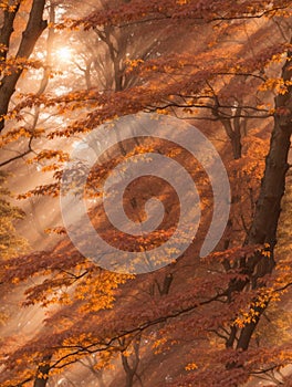 Forest Autumn sunset view, a tree with branches of autumn leaf\'s, stunning view photo