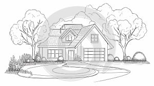 Serene House and Trees Contours Vector Illustration