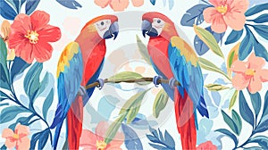 Vibrant Parrots Surrounded by Beautiful Blooming Flowers EPS