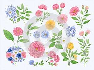 Watercolor set of flowers, leaves, branches, Elements for design on white background, illustration, Trendy, generative using ai to