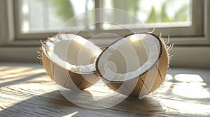 broken coconuts on a table, summer concept, Generative AI