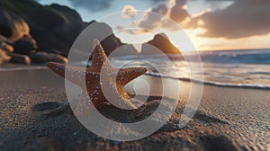 starfish on sandy beach background, copy space for text, AI generated