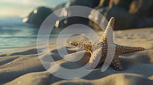starfish on sandy beach background, copy space for text, AI generated