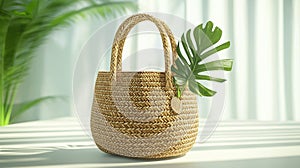 Woven basket with tropical leaves on a white background, copy space for text, summer concept, AI generated photo