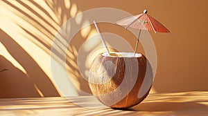 Coconut water with straw and umbrella on a table, palm leaves shadows, summer concept, AI generated photo