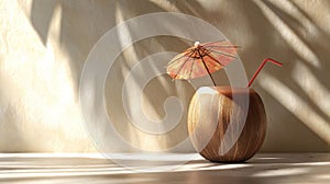 Coconut water with straw and umbrella on a table, palm leaves shadows, summer concept, AI generated photo