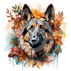 Image of a german shepherd dog head with colorful tropical flowers on white background. Pet. Animals