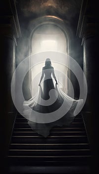 image of ghost on stairway with window behind fantasy dark horror thriller book cover,generated with AI.