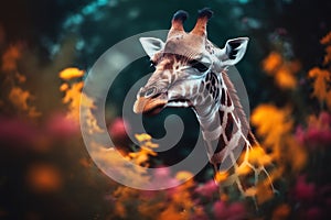 Image of giraffe in beautiful flower fields. Wildlife Animals. Illustration, Generative AI