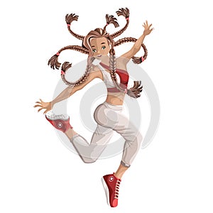 Image of a girl in a dance with spectacularly flying pigtails. Cartoon. EPS 10