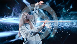 Image of a girl in VR glasses. Innovative technologies. Business concept