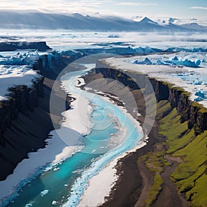 A glacial rivers from above. Aerial photograph of the river streams from Icelandic glaciers. Beautiful art