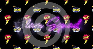 Image of glam squad text in purple neon over zap and boom icons repeated on black background photo