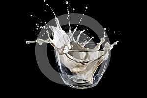 An image of a glass of milk being poured with a dramatic splash, captured in mid-air, against a black background. Generative Ai