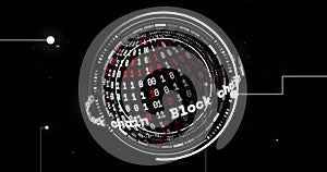 Image of globe with binary coding and data processing over black background