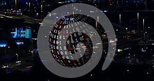 Image of globe with binary coding and data processing over cityscape