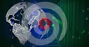 Image of globe, binary coding and data processing over computer servers