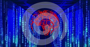 Image of globe, binary coding and data processing over computer servers