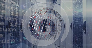 Image of globe with binary coding and data processing over computer servers