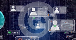 Image of globe, binary coding and data processing over computer servers