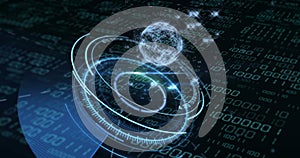 Image of globe with binary coding and data processing over dark background