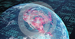 Image of globe with binary coding and data processing over dark background