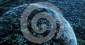 Image of globe with binary coding and data processing over dark background