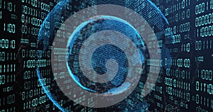 Image of globe with binary coding and data processing over dark background