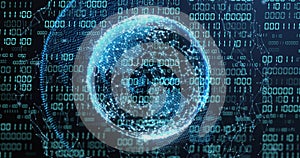 Image of globe with binary coding and data processing over dark background