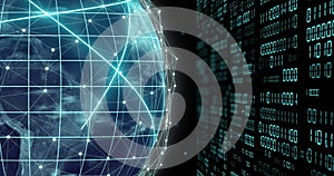 Image of globe with binary coding and data processing over dark background