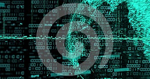Image of globe with binary coding and data processing over dark background