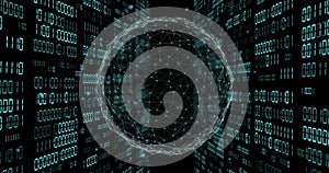 Image of globe with binary coding and data processing over dark background