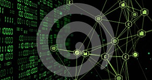 Image of globe with binary coding and data processing over dark background